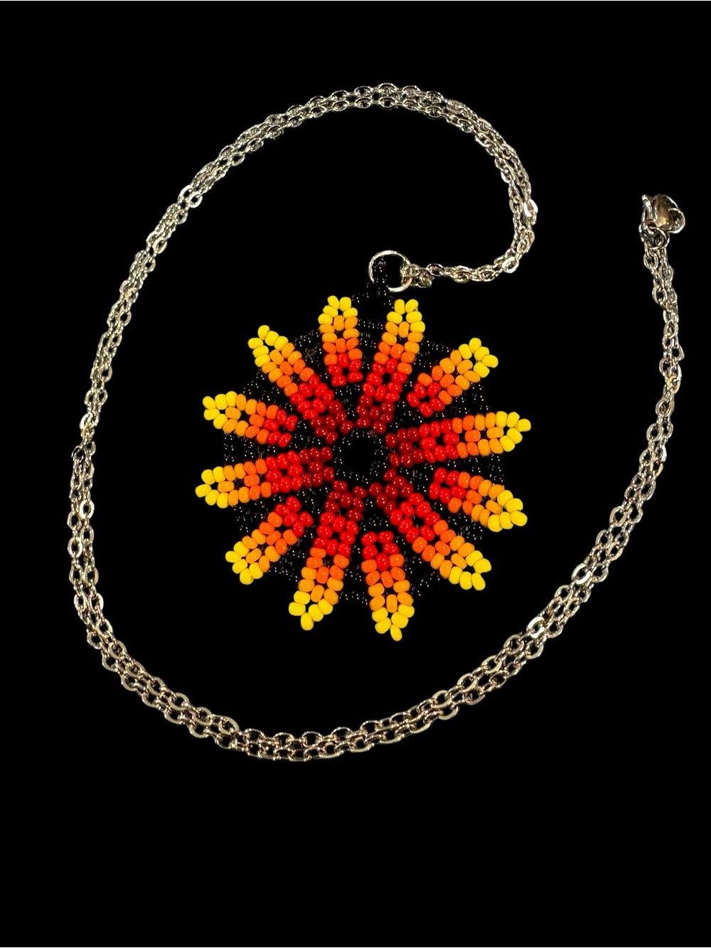 Handmade beaded sunburst necklace, 24”
